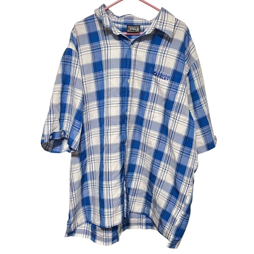 Southpole Mens XXL Blue White Plaid Short Sleeve Button Down Shirt Y2K Baggy